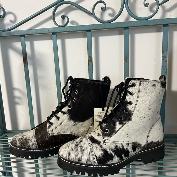 New Genuine Cowhide & Leather Bootie Fur combat ankle boot black white size 8 - Picture 11 of 13
